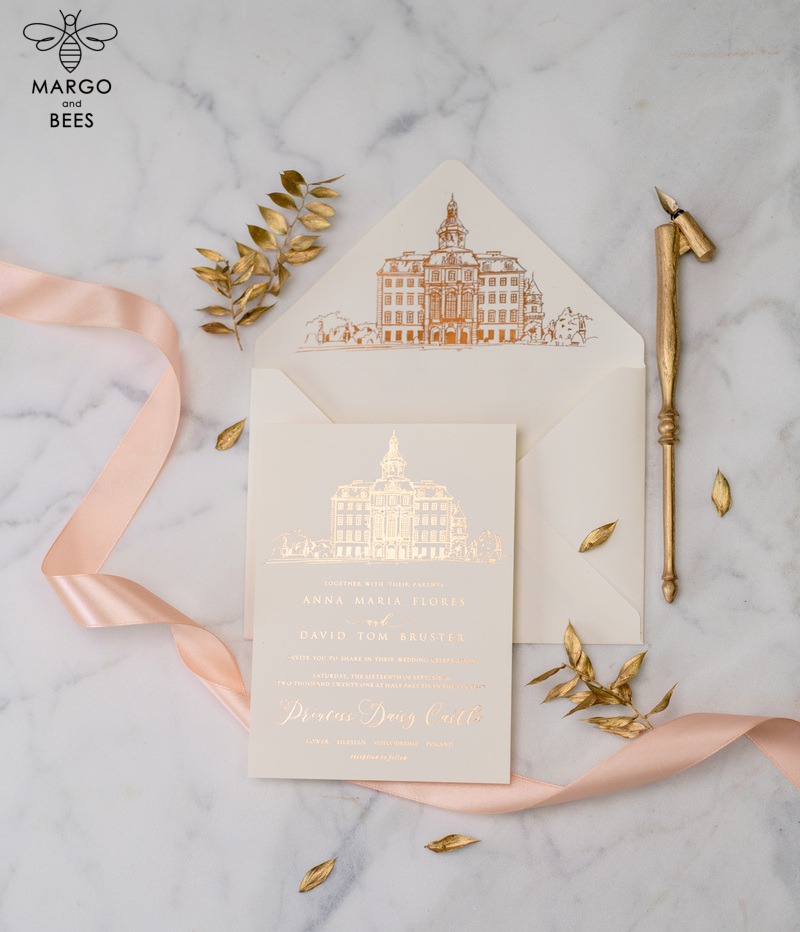 Wedding invitations sketch of your venue, Wedding Venue Luxury Invites, gold Wedding stationery-25
