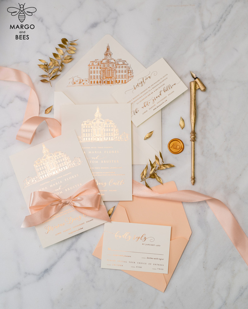 Wedding invitations sketch of your venue, Wedding Venue Luxury Invites, gold Wedding stationery-29