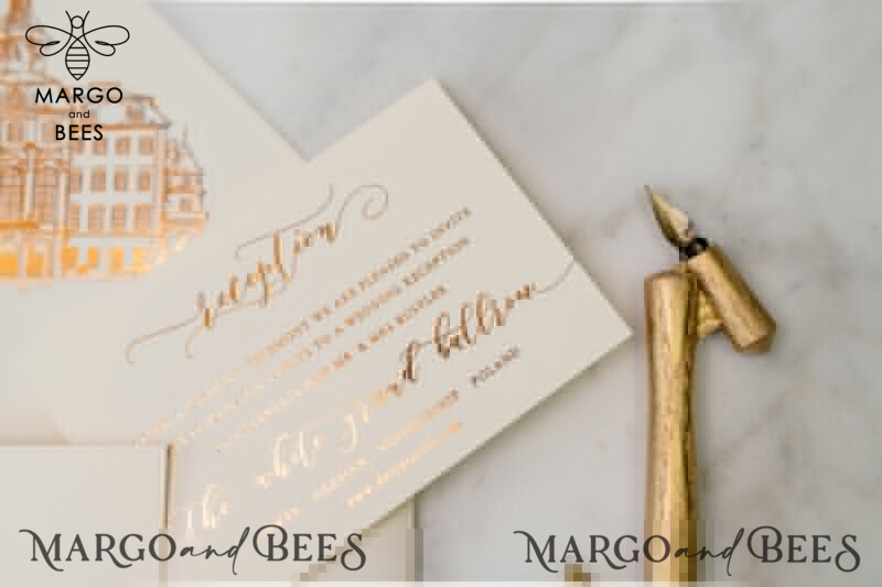 Luxury Gold Foil Wedding Invitations: Elegant Customized Venue Sketch with Glamour Golden Shine and Minimalistic Blush Pink Wedding Invitation Suite-4