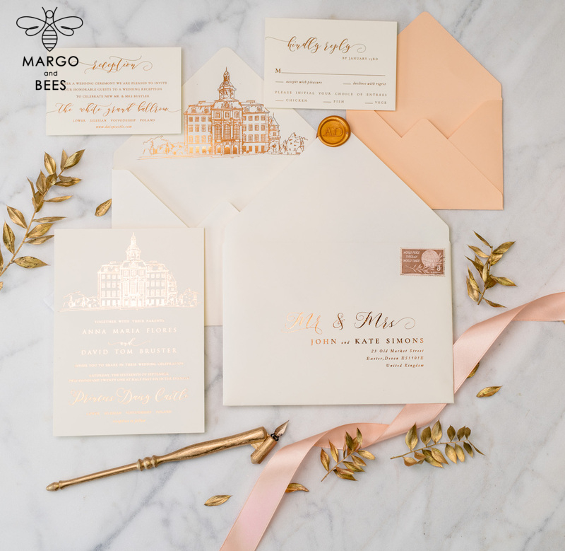 Wedding invitations sketch of your venue, Wedding Venue Luxury Invites, gold Wedding stationery-42