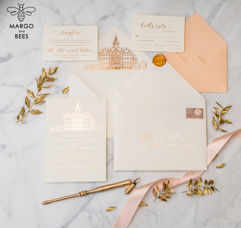 Wedding invitations sketch of your venue, Wedding Venue Luxury Invites, gold Wedding stationery-43