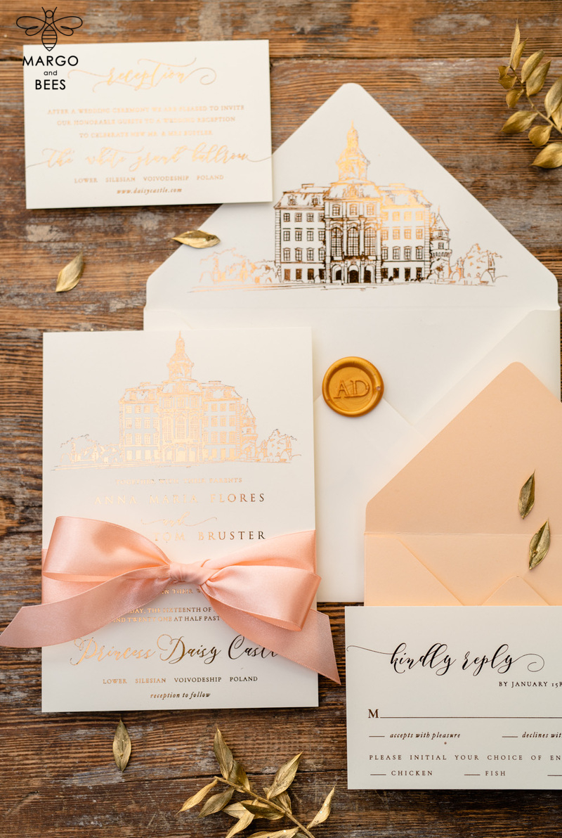 Wedding invitations sketch of your venue, Wedding Venue Luxury Invites, gold Wedding stationery-5