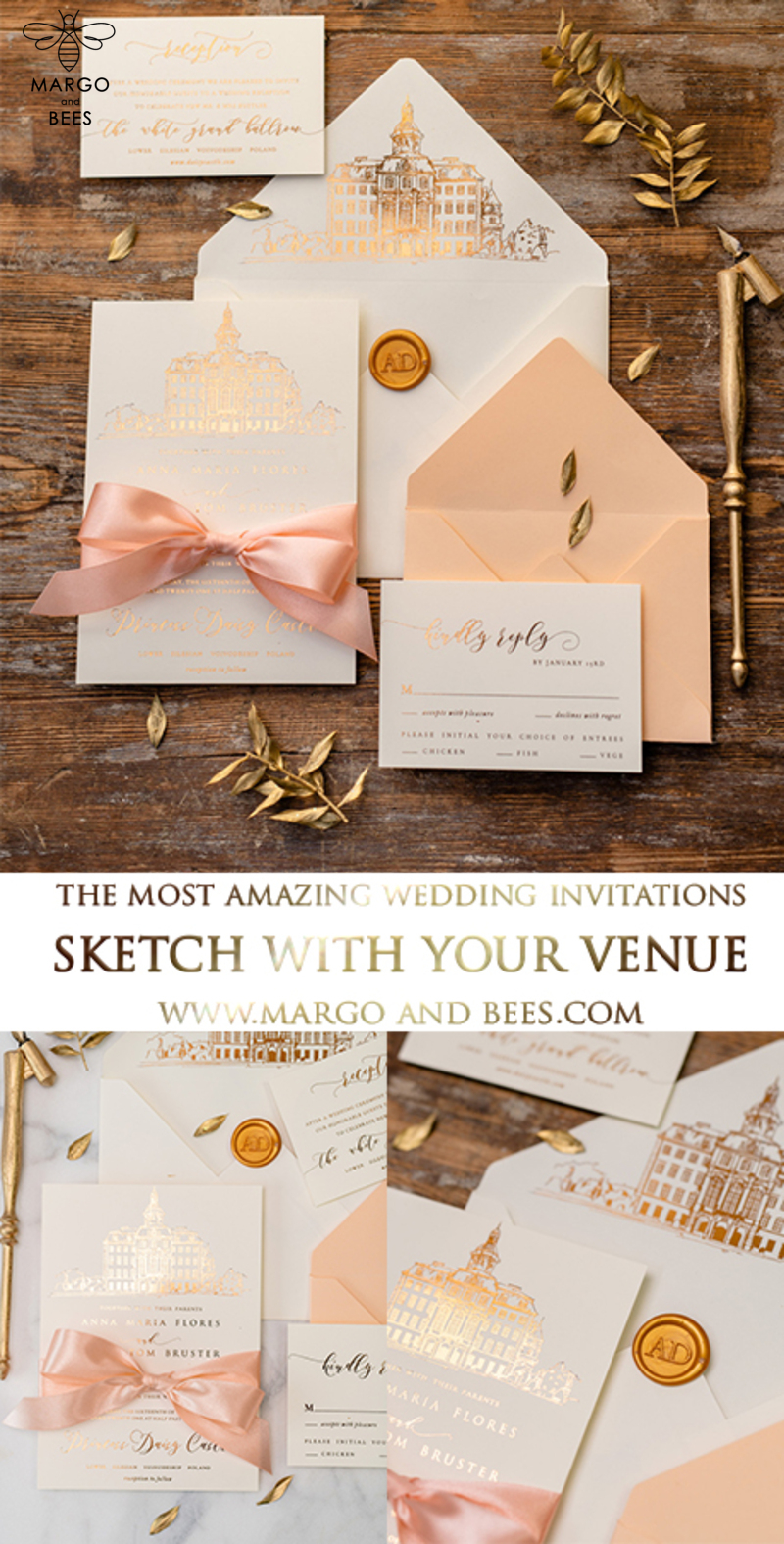 Wedding invitations sketch of your venue, Wedding Venue Luxury Invites, gold Wedding stationery-7