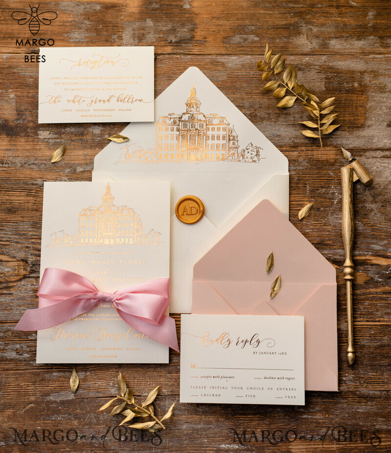 Luxury Gold Foil Wedding Invitations: Elegant Customized Venue Sketch Wedding Invites with Glamour Golden Shine and Minimalistic Blush Pink Wedding Invitation Suite-0