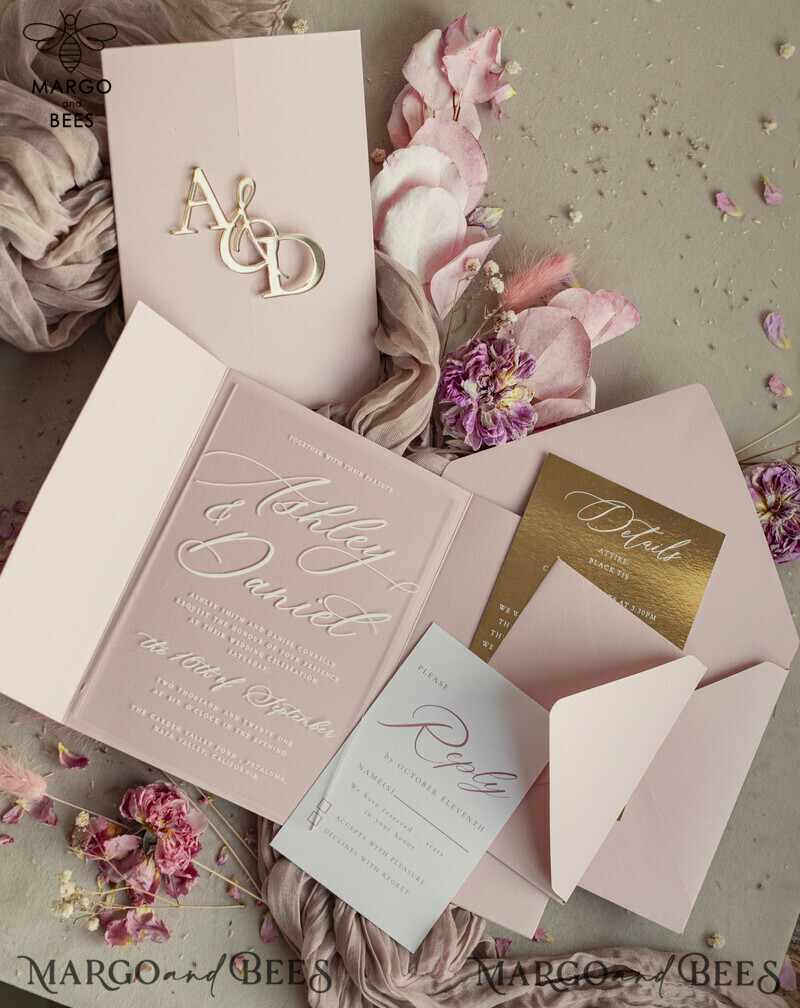 mirror custom monogram on blush pink wedding invitations - bespoke wedding cards - choose your colors -1