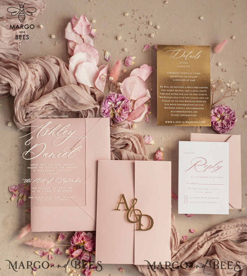 mirror custom monogram on blush pink wedding invitations - bespoke wedding cards - choose your colors -0
