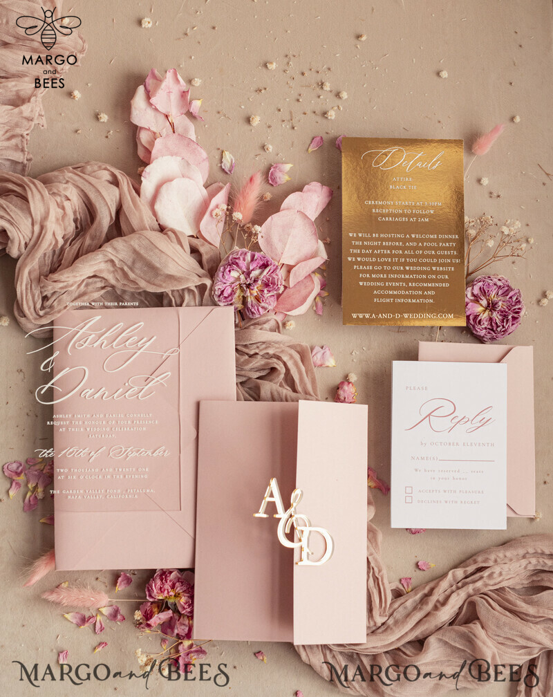 mirror custom monogram on blush pink wedding invitations - bespoke wedding cards - choose your colors -19