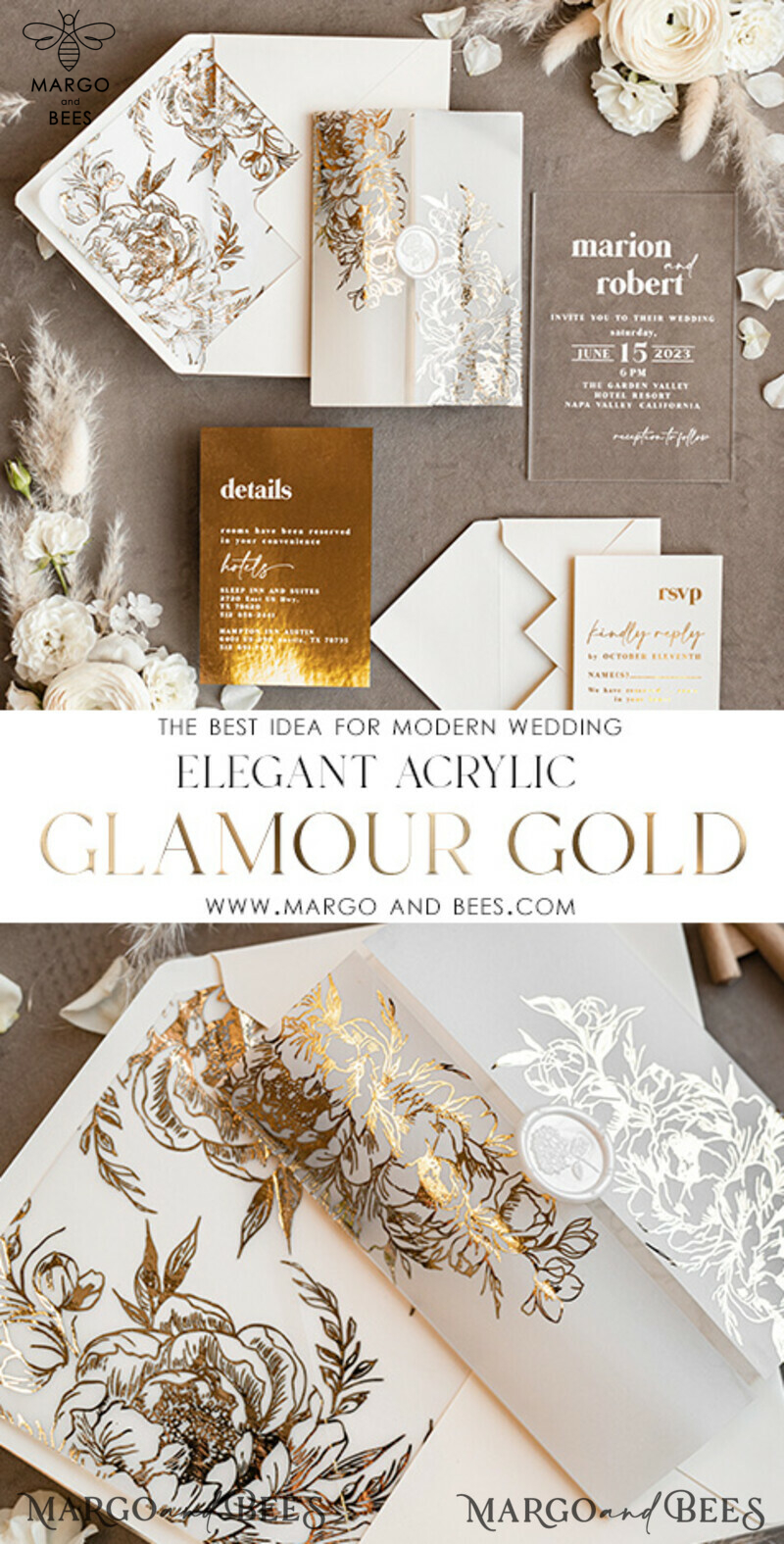 Luxury Golden Shine: Acrylic Wedding Invitation Suite for Glamorous Weddings-3