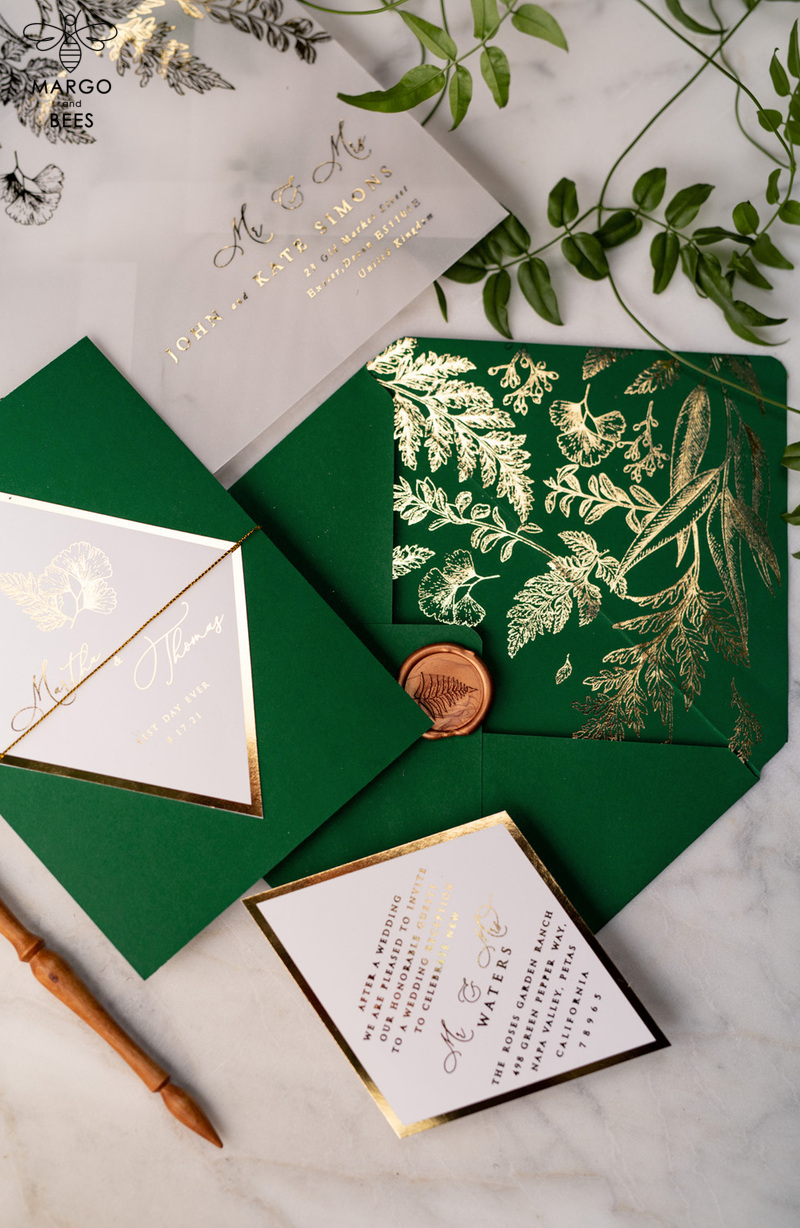 Luxory gold Wedding Invitations,  green and Gold Elegant Wedding Stationery,  greenery Elegant Wedding Invitations Suite-9