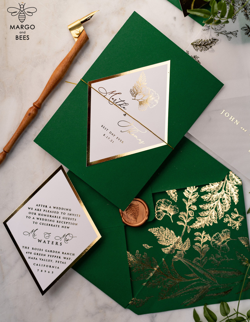 Luxory gold Wedding Invitations,  green and Gold Elegant Wedding Stationery,  greenery Elegant Wedding Invitations Suite-11