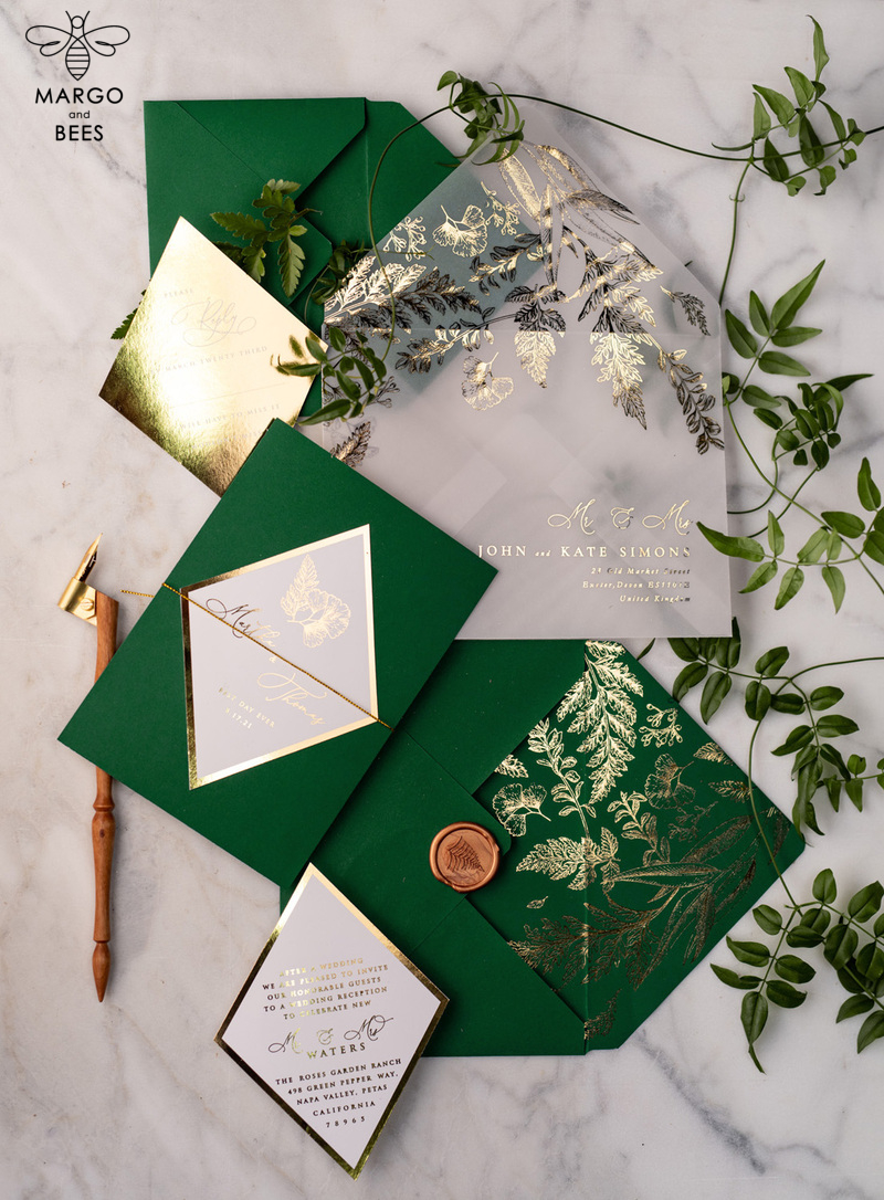 Luxory gold Wedding Invitations,  green and Gold Elegant Wedding Stationery,  greenery Elegant Wedding Invitations Suite-12