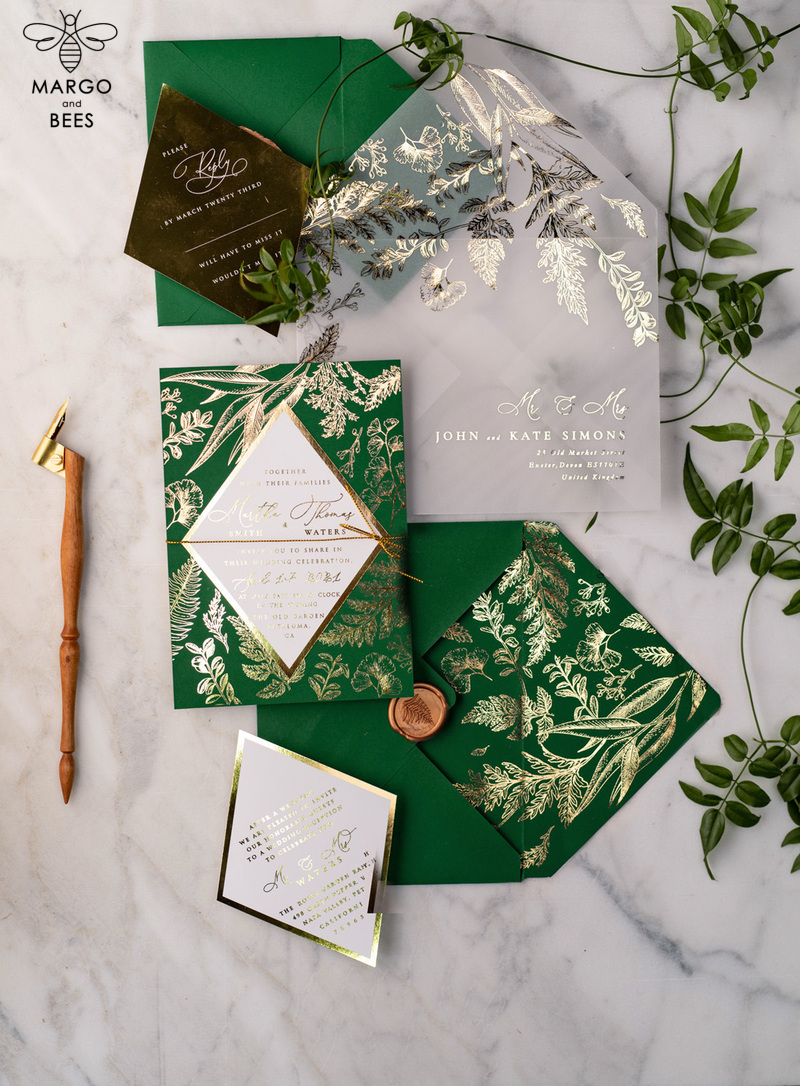 Luxory gold Wedding Invitations,  green and Gold Elegant Wedding Stationery,  greenery Elegant Wedding Invitations Suite-6