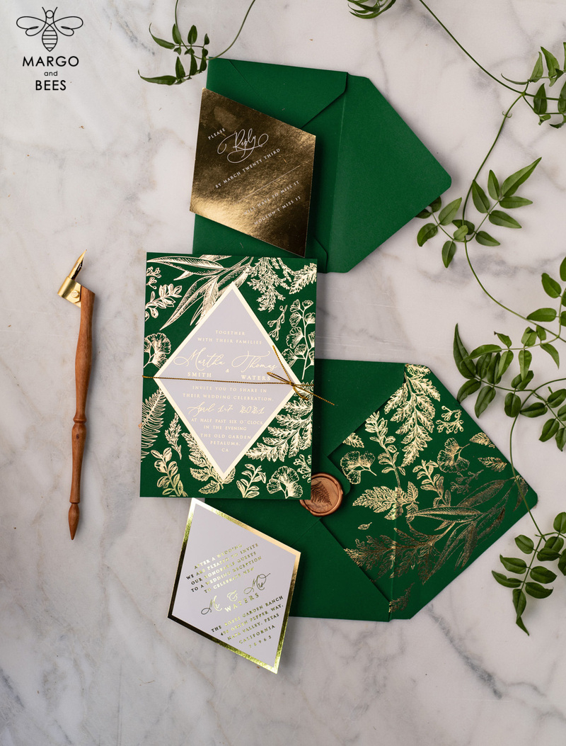 Luxory gold Wedding Invitations,  green and Gold Elegant Wedding Stationery,  greenery Elegant Wedding Invitations Suite-7