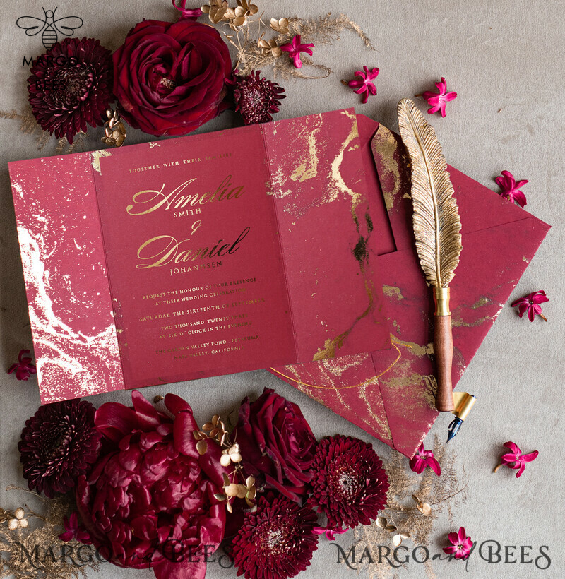 Golden Burgundy Marble Wedding invitations, Luxury Gold Foil Wedding Invitation set, Marble Glamour Wedding Invitation Suite, elegant Wedding Cards Marble, Indian Wedding Cards-4