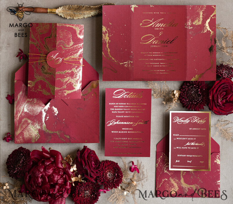 Golden Burgundy Marble Wedding invitations, Luxury Gold Foil Wedding Invitation set, Marble Glamour Wedding Invitation Suite, elegant Wedding Cards Marble, Indian Wedding Cards-0