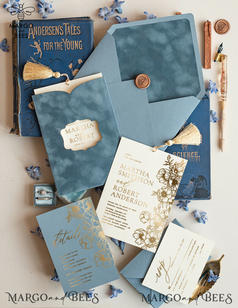 Luxory wedding invitations, Romantic dusty blue Velvet Wedding Invitations, Luxury Gold Foil Wedding Cards, Gold tassel Wedding Invitations-2