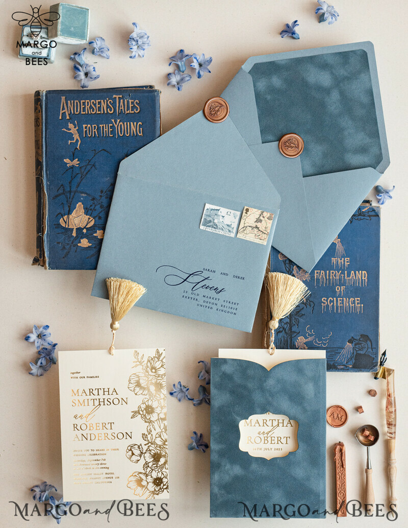 Luxory wedding invitations, Romantic dusty blue Velvet Wedding Invitations, Luxury Gold Foil Wedding Cards, Gold tassel Wedding Invitations-4