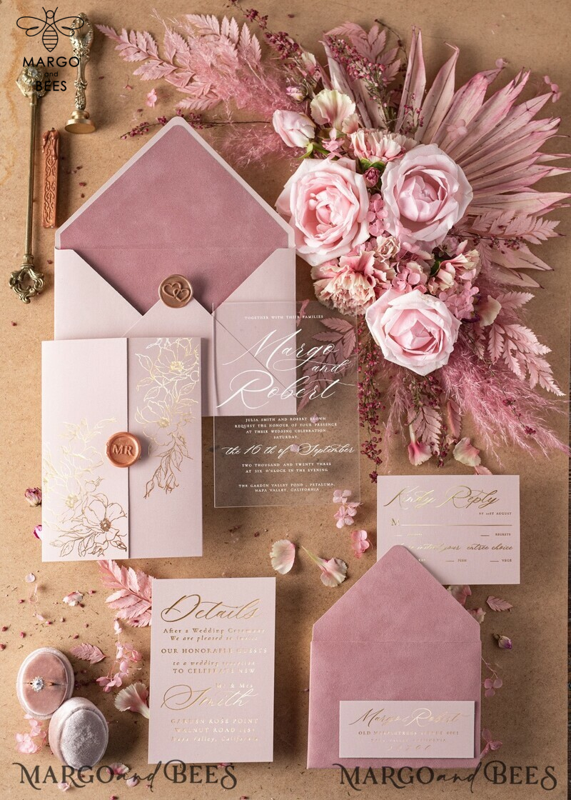 Luxury Velvet Wedding Invitations, Elegant Plexi Acrylic Wedding Invites, Glamour Blush Pink Wedding Cards, Golden Shine Wedding Invitation Suite-1