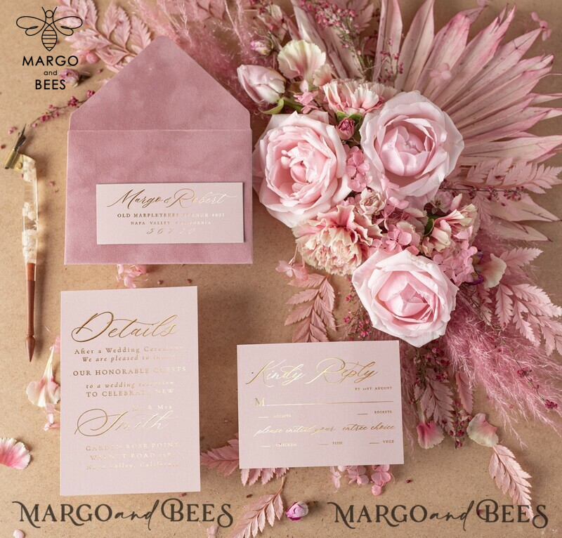 Luxury Velvet Wedding Invitations, Elegant Plexi Acrylic Wedding Invites, Glamour Blush Pink Wedding Cards, Golden Shine Wedding Invitation Suite-2