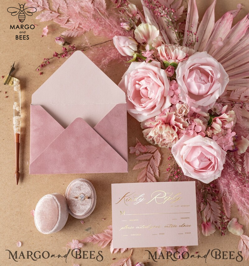 Luxury Velvet Wedding Invitations, Elegant Plexi Acrylic Wedding Invites, Glamour Blush Pink Wedding Cards, Golden Shine Wedding Invitation Suite-3