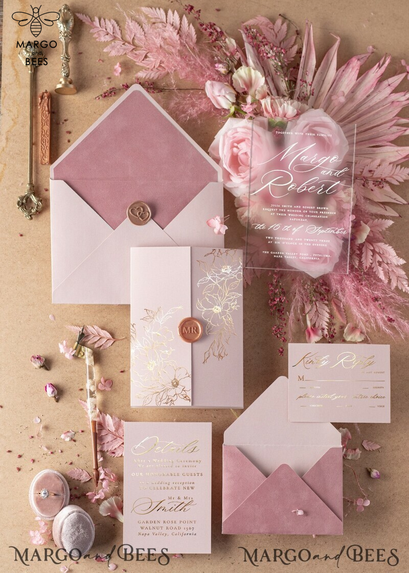 Luxury Velvet Wedding Invitations, Elegant Plexi Acrylic Wedding Invites, Glamour Blush Pink Wedding Cards, Golden Shine Wedding Invitation Suite-4