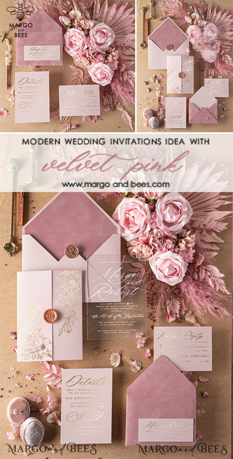Luxury Velvet Wedding Invitations, Elegant Plexi Acrylic Wedding Invites, Glamour Blush Pink Wedding Cards, Golden Shine Wedding Invitation Suite-6