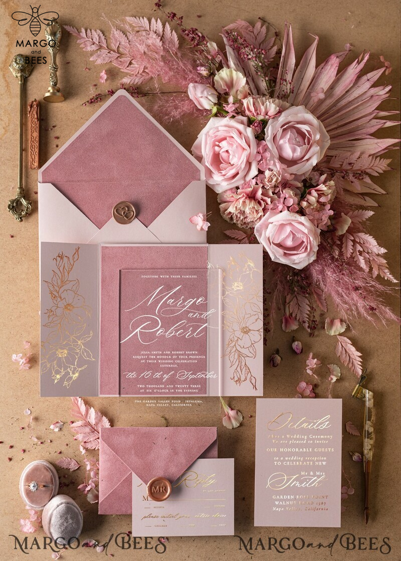 Luxury Velvet Wedding Invitations, Elegant Plexi Acrylic Wedding Invites, Glamour Blush Pink Wedding Cards, Golden Shine Wedding Invitation Suite-0