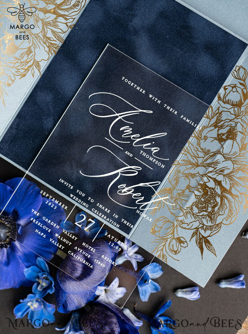 Bespoke Acrylic Ice blue wedding invitation, Glamour Velvet nave blue Wedding Invitations, Golden Shine Plexi Wedding Invitation Suite, Luxury Wedding Cards wax seal Copper-3