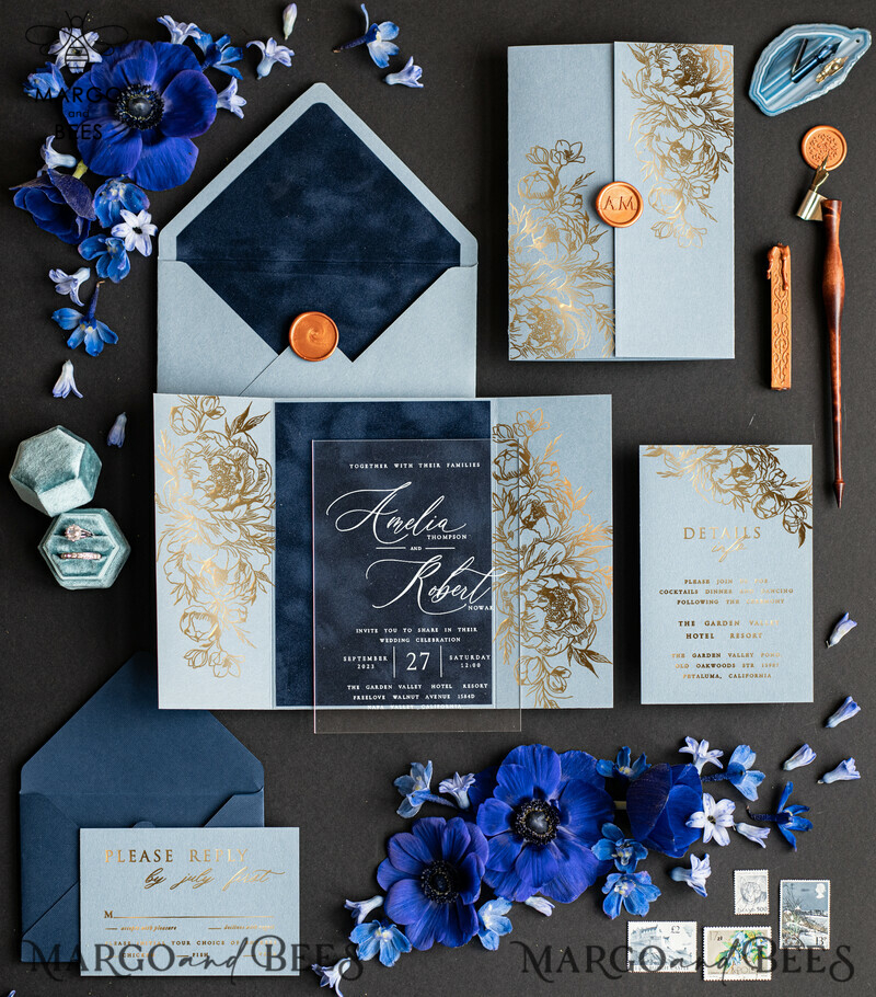 Bespoke Acrylic Ice blue wedding invitation, Glamour Velvet nave blue Wedding Invitations, Golden Shine Plexi Wedding Invitation Suite, Luxury Wedding Cards wax seal Copper-0