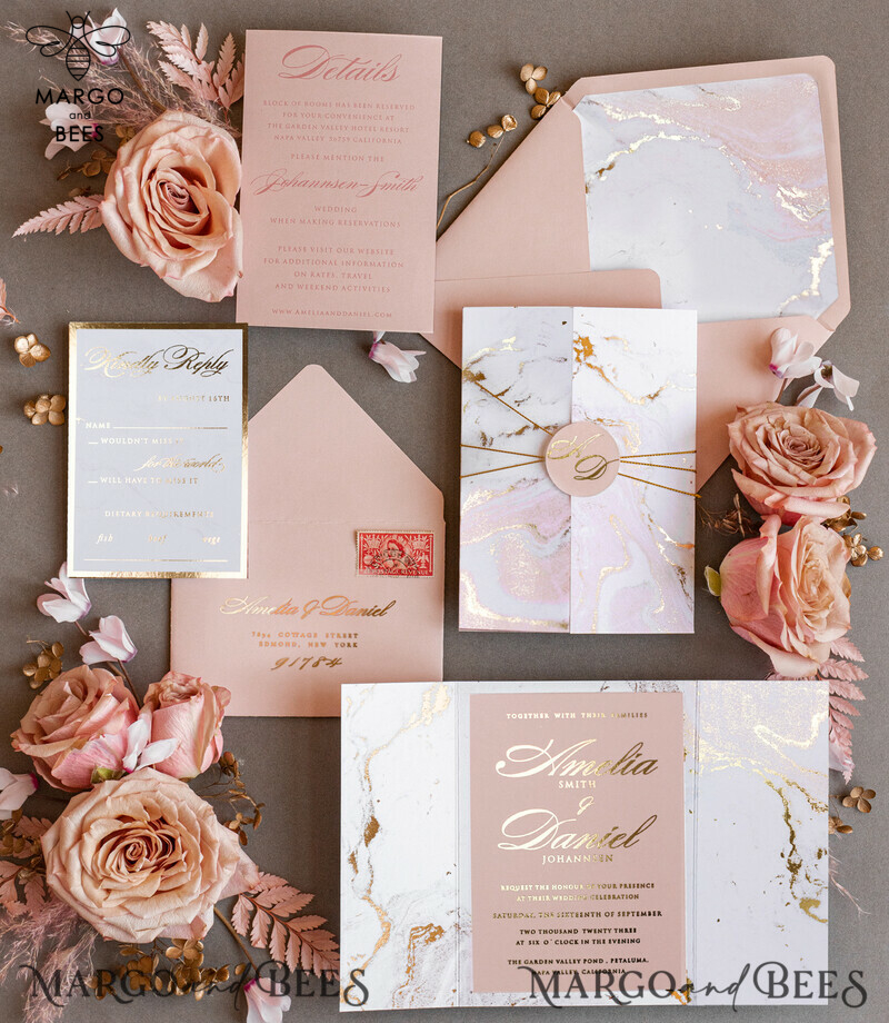 Personalised  Marble Wedding invitations, Luxury  Gold Foil Wedding Invitations, Blush Pink Marble Glamour Wedding Invitation Suite, Luxury  Wedding Cards blush Pink Marble-2