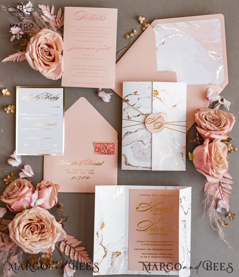 Personalised  Marble Wedding invitations, Luxury  Gold Foil Wedding Invitations, Blush Pink Marble Glamour Wedding Invitation Suite, Luxury  Wedding Cards blush Pink Marble-1