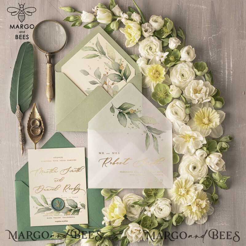 Elegant Green Gold Wedding Invitations, Luxury Destination Wedding Cards, Bespoke Olive Wedding Invites, Romantic Greece Wedding Invitation Suite-1