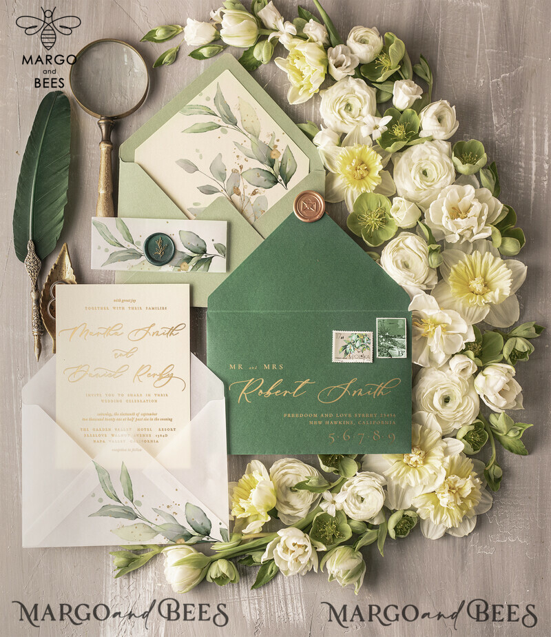 Elegant Green Gold Wedding Invitations, Luxury Destination Wedding Cards, Bespoke Olive Wedding Invites, Romantic Greece Wedding Invitation Suite-2
