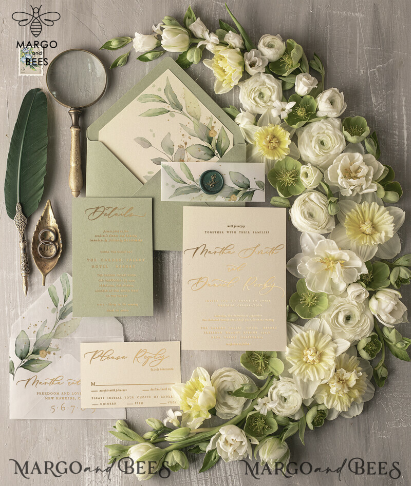 Elegant Green Gold Wedding Invitations, Luxury Destination Wedding Cards, Bespoke Olive Wedding Invites, Romantic Greece Wedding Invitation Suite-3