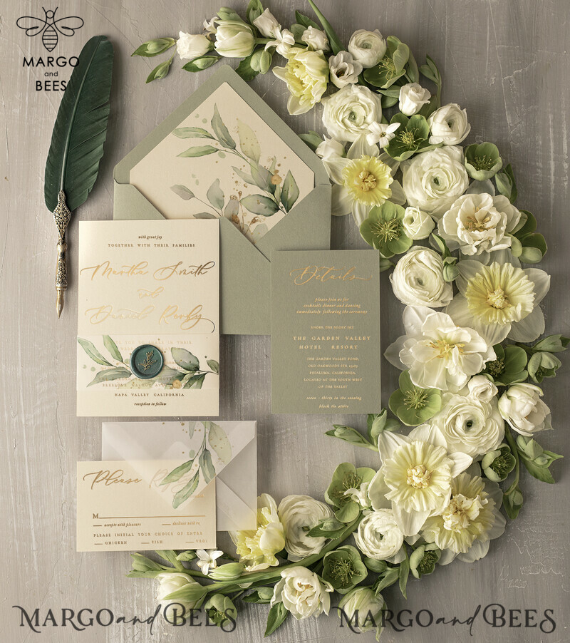Elegant Green Gold Wedding Invitations, Luxury Destination Wedding Cards, Bespoke Olive Wedding Invites, Romantic Greece Wedding Invitation Suite-4