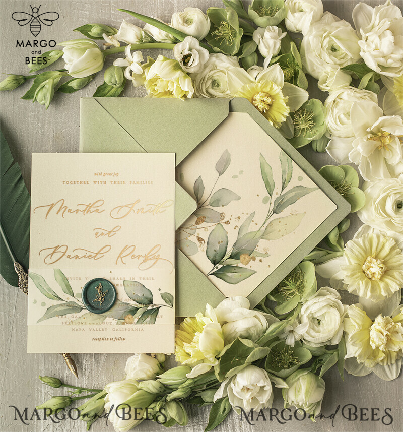 Elegant Green Gold Wedding Invitations, Luxury Destination Wedding Cards, Bespoke Olive Wedding Invites, Romantic Greece Wedding Invitation Suite-5