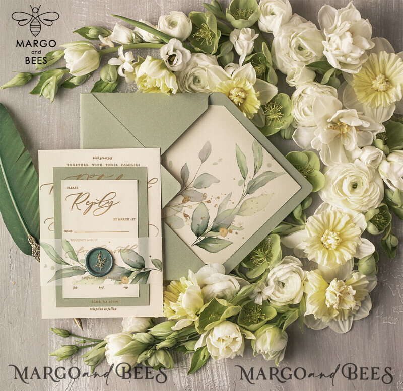 Elegant Green Gold Wedding Invitations, Luxury Destination Wedding Cards, Bespoke Olive Wedding Invites, Romantic Greece Wedding Invitation Suite-0