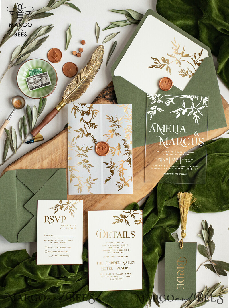 Greece Olive Branch Wedding Invitation, Acrylic olive green wedding invitation cards, Gold Wedding Invites-0