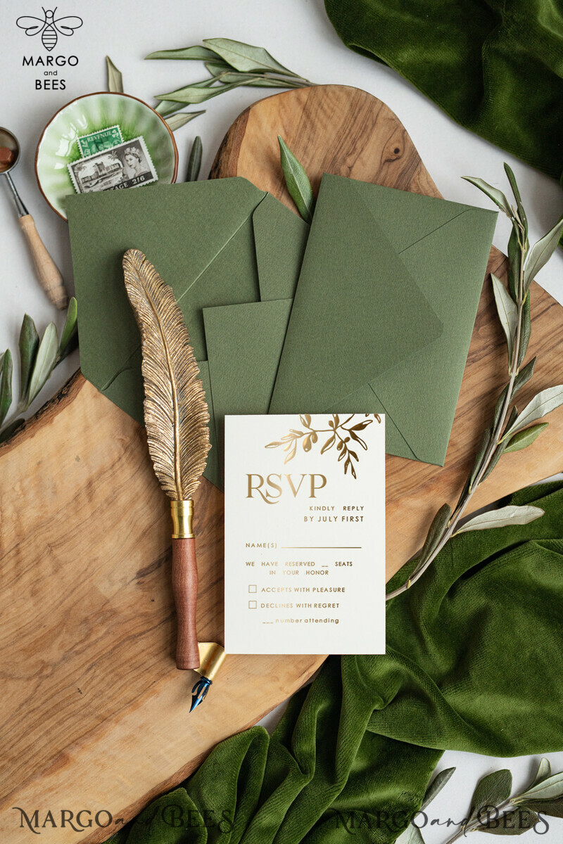 Greece Olive Branch Wedding Invitation, Acrylic olive green wedding invitation cards, Gold Wedding Invites-3
