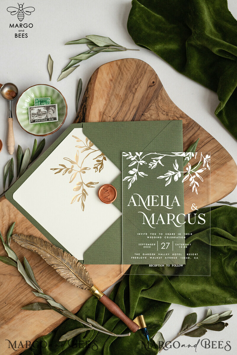 Greece Olive Branch Wedding Invitation, Acrylic olive green wedding invitation cards, Gold Wedding Invites-1