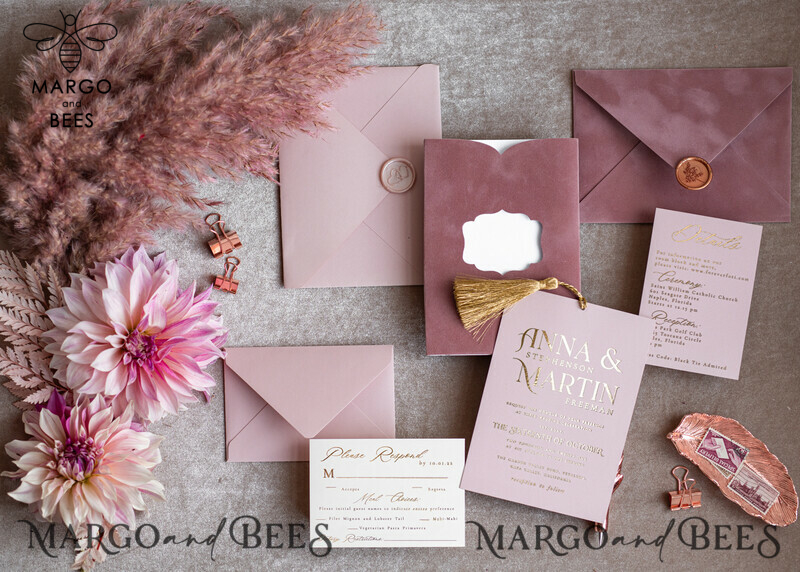 Stunning Glamour Pink Velvet Wedding Invitations with Luxury Golden Tassel Details: The Perfect Choice for Your Special Day-15