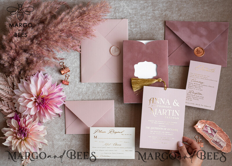 Stunning Glamour Pink Velvet Wedding Invitations with Luxury Golden Tassel Details: The Perfect Choice for Your Special Day-1