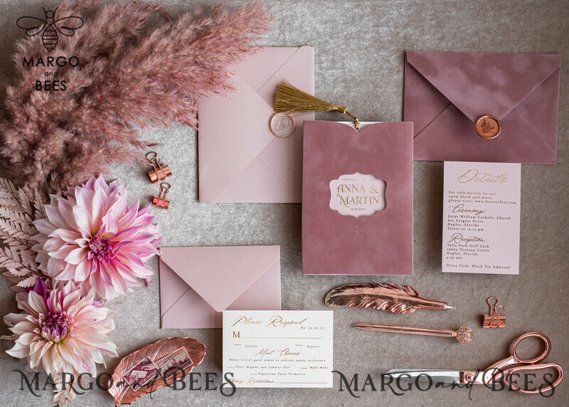 Stunning Glamour Pink Velvet Wedding Invitations with Luxury Golden Tassel Details: The Perfect Choice for Your Special Day-13