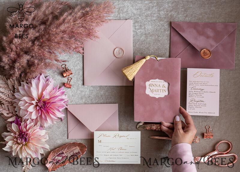 Stunning Glamour Pink Velvet Wedding Invitations with Luxury Golden Tassel Details: The Perfect Choice for Your Special Day-4