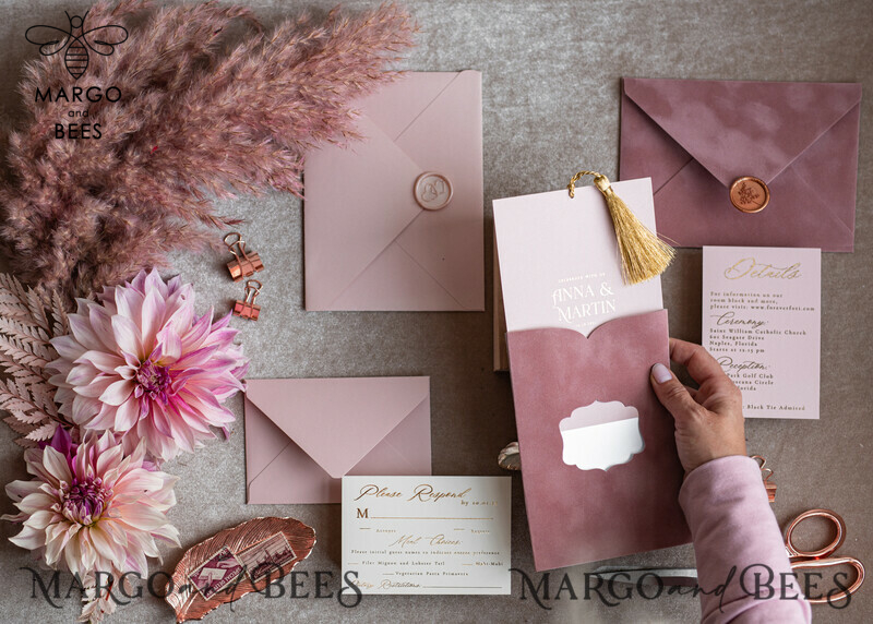 Stunning Glamour Pink Velvet Wedding Invitations with Luxury Golden Tassel Details: The Perfect Choice for Your Special Day-5