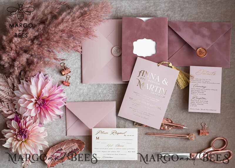 Stunning Glamour Pink Velvet Wedding Invitations with Luxury Golden Tassel Details: The Perfect Choice for Your Special Day-0