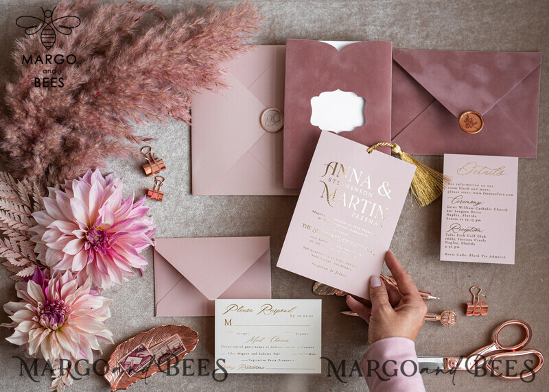 Stunning Glamour Pink Velvet Wedding Invitations with Luxury Golden Tassel Details: The Perfect Choice for Your Special Day-14