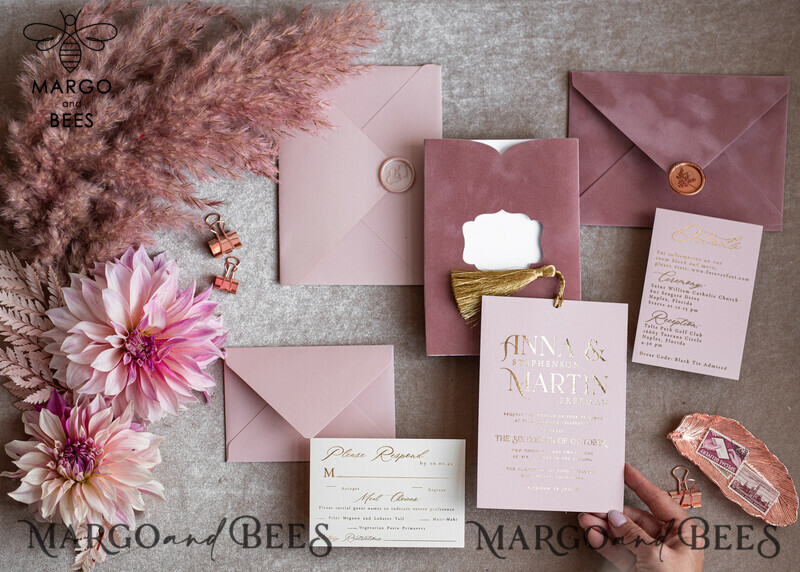 Stunning Glamour Pink Velvet Wedding Invitations with Luxury Golden Tassel Details: The Perfect Choice for Your Special Day-8