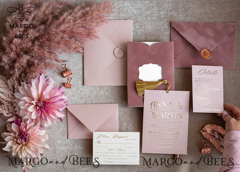Stunning Glamour Pink Velvet Wedding Invitations with Luxury Golden Tassel Details: The Perfect Choice for Your Special Day-9