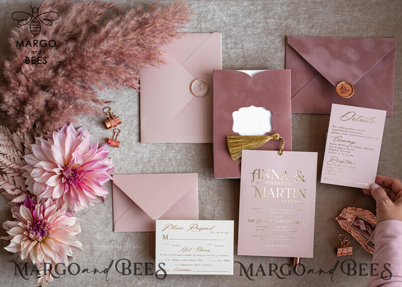 Stunning Glamour Pink Velvet Wedding Invitations with Luxury Golden Tassel Details: The Perfect Choice for Your Special Day-10